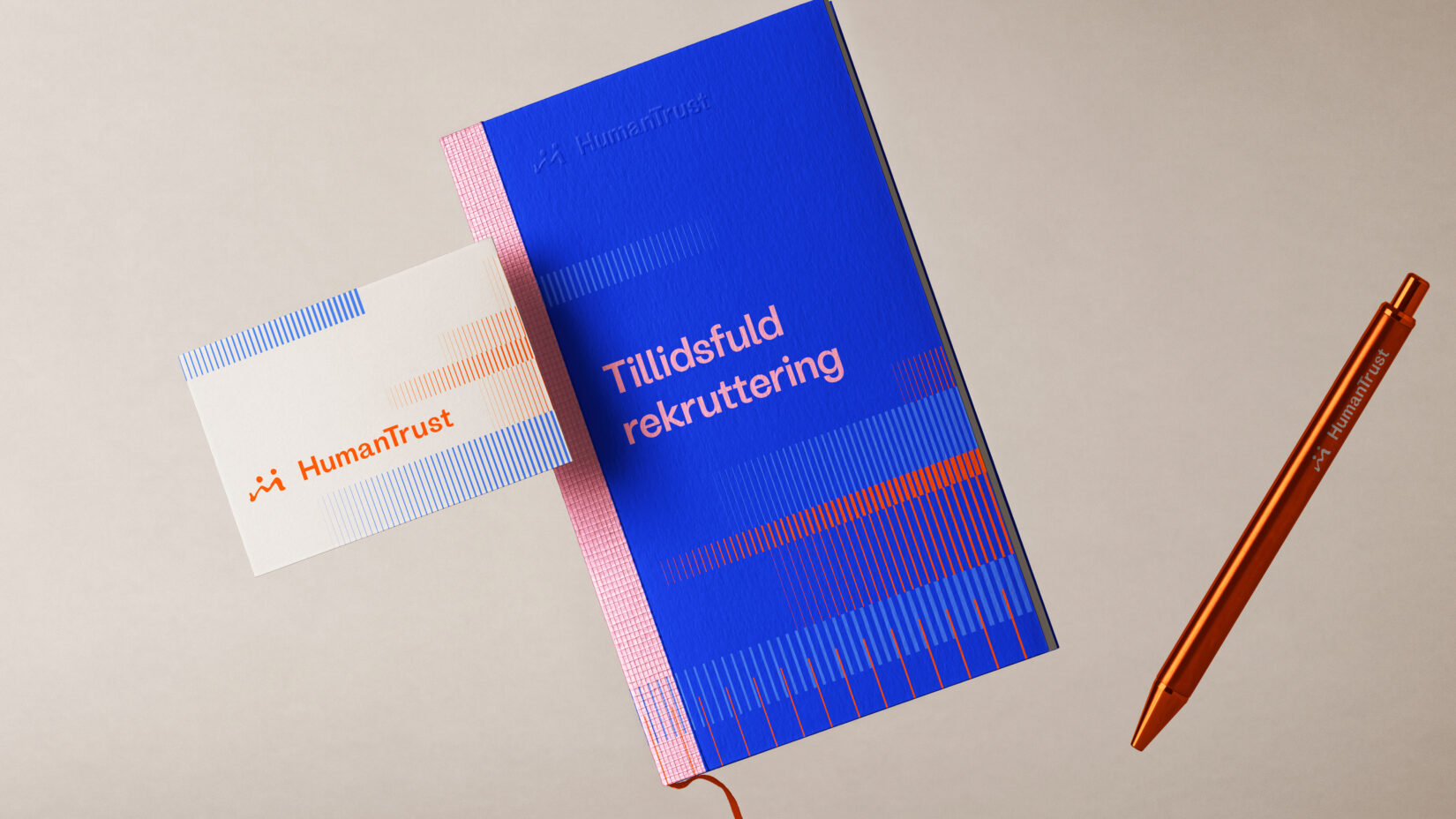 HumanTrust visuel identitet notesbog, visitkort og kuglepen 